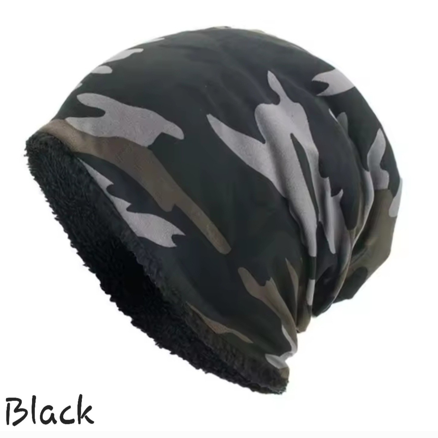 Black Camouflage Knitted Beanie Fully Lined Double-Layered Warm Knit Slouchy Hat