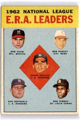1963 Topps #5 1962 NL E.R.A. Leaders (Koufax / Drysdale / Gibson) LL NM