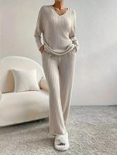 Women's Ribbed Knit Pajama Set V Neck Sweater Pants Spring Homewear Pajamas