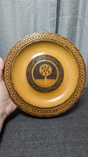 VTG Polish Folk Art Wood Copper Inlay Display Plate Fruit Tree Carved Wood