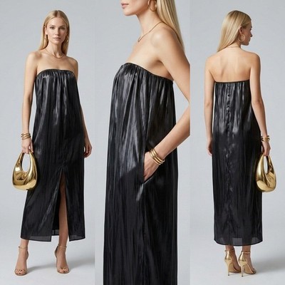 ZARA   KLEID TUBE MIDIKLEID ETUIKLEID ABENDKLEID SCHULTERFREI SCHWARZ GLÄNZEND 