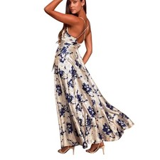 Lulus Tea Gardens NWT Size M Satin Maxi Dress Blue White Floral Spaghetti Strap