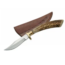 Steel Stag Fixed Knife 3.12" Stainless Steel Blade Stag Handle w Leather Sheath