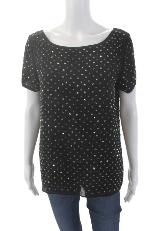 Milly Womens Silk Short Sleeve Scoop Neck Rhinestone Blouse Black Size 8