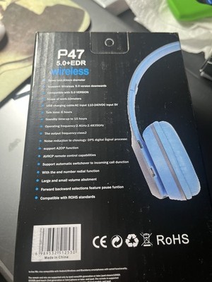 P47 5.0+EDR Bluetooth Wireless On-Ear Headphones Blue 40mm FM MP3