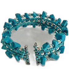 Turquoise Wide Chunky Multi-Strand Beaded Coiled Bangle Bracelet, Stretchy