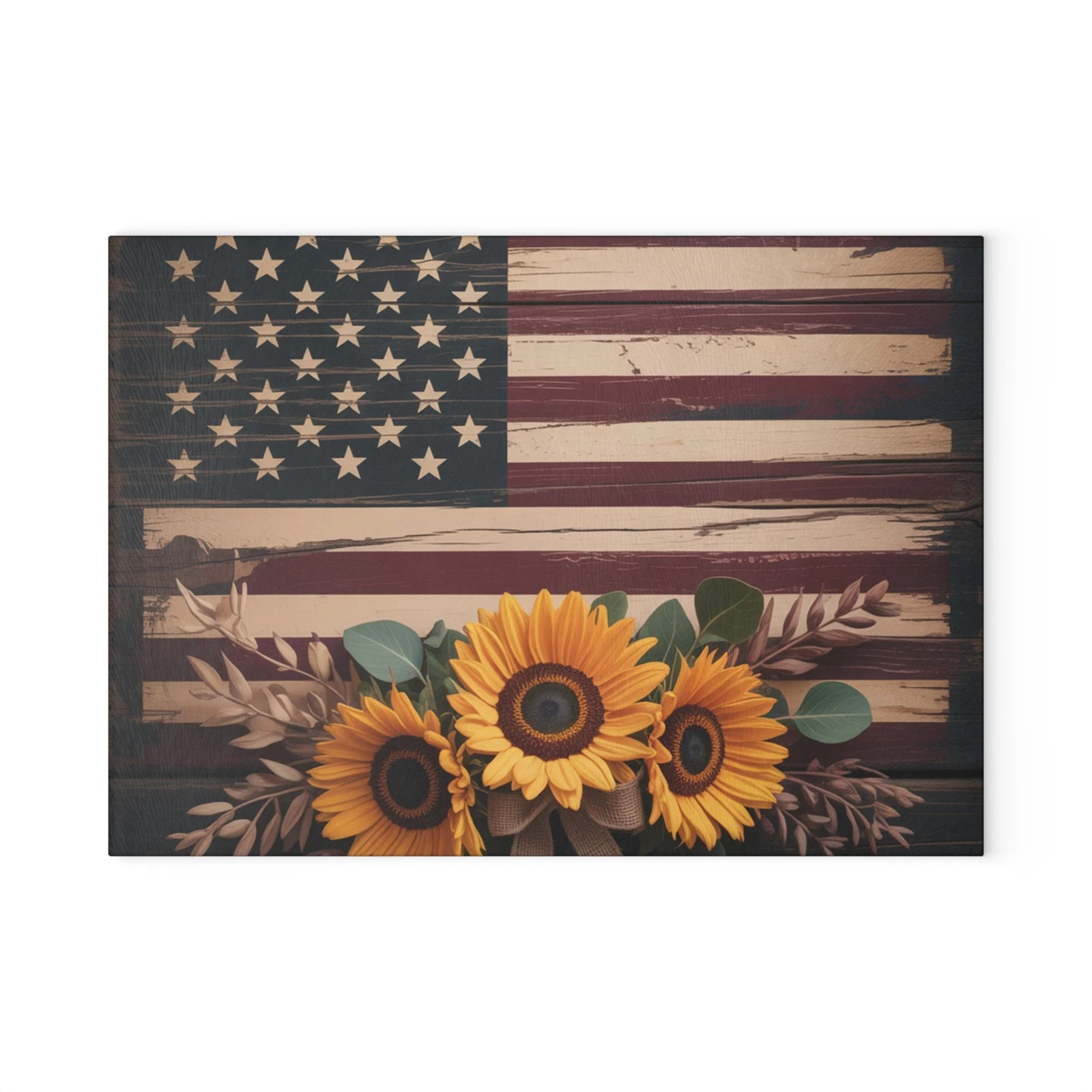 Sunflower American Flag Glass Cutting Board | Rustic Patriotic Kitchen