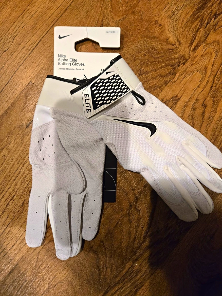 Guantes de bateo de béisbol Nike Alpha Elite para hombre dedo completo blancos/negros XL