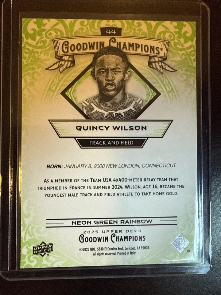 QUINCY WILSON #44 2025 UD Goodwin Champions NEON GREEN RAINBOW TRACK FIELD - Image 2 of 2