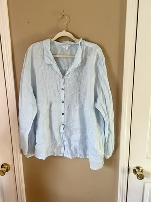 #ad #ad Kleen Top Blouse Button up Raime 1X Powder Blue Roll Tab Sleeve Pockets Coastal $38.00