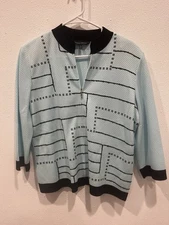 Ming Wang Light Blue Aqua Black Knit 3/4 Sleeve Cardigan Sweater Jacket Large