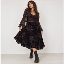 Vintage Y2K Burnout Velvet Midi Skirt Black Floral XL NWT Whimsigoth Goth Grunge