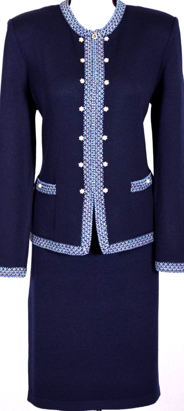 ST.JOHN Womens Knit Navy Blue With Blue Pink Metallic Trim Jacket Skirt Sz 2-4