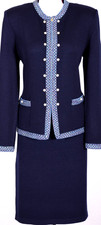 ST.JOHN Womens Knit Navy Blue With Blue Pink Metallic Trim Jacket Skirt Sz 2-4