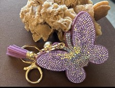 Purple/Gold Rhinestone Butterfly Tassel Key Chain Keychain, Metal, Women