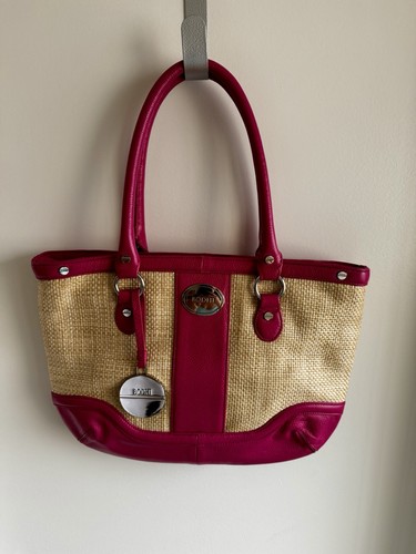 BODHI Hot Pink/Beige Woven Tote Zip Top Bag Charm Inner Pockets Silver Hardware