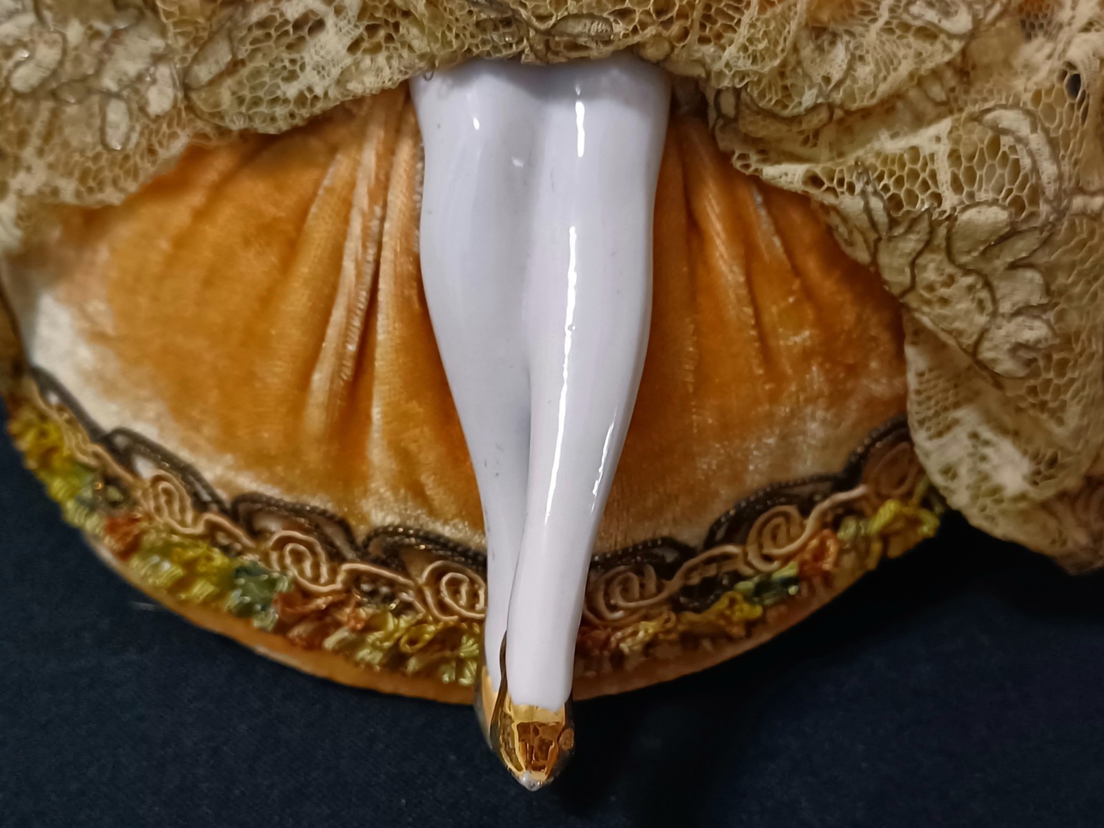 Antique Half Doll Porcelain Pin Cushion Hands/Legs/Hair/Brown Velvet Lace Dress 