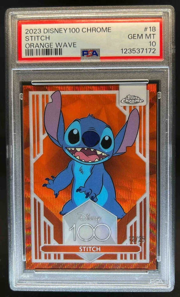 2023 Topps Chrome Disney 100 Stitch Orange Wave Refractor #12/25 PSA 10
