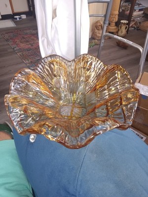 Magnificent Amber Gold Hand Blown Ribbed Vintage Centerpiece Bowl