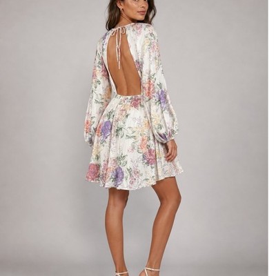 H&M Divided Floral Open Back Mini Dress White Pink Yellow Cotton Size S Small