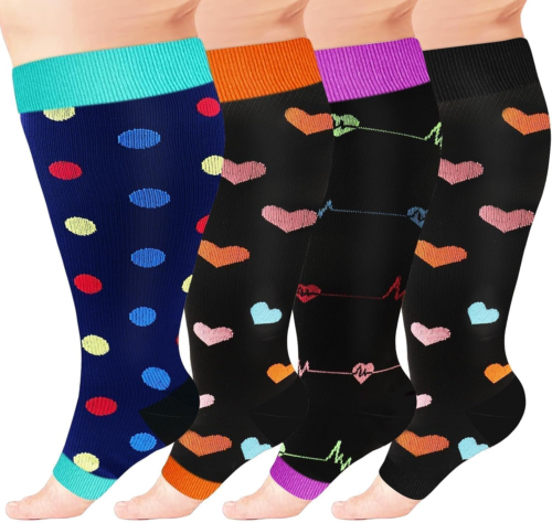4 Pairs Open Toe Compression Socks for Women Wide Calf plus Size Toeless Socks K