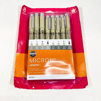 Sakura PIGMA Micron & Brush Set of 8 Pens Grays - 50167 - Archival Ink - New