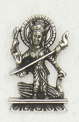 Saraswati-Goddess of Wisdom-Pewter Ancient Hindu Silver Deity of Music Pendant 