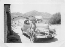 Vintage Pretty Woman with 1948 Chevrolet Fleetline 1940s 2 Photos Mountains