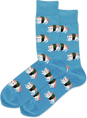 Hot Sox Men's Sushi Cat Socks 1 Pair, Teal, Men's 10-13