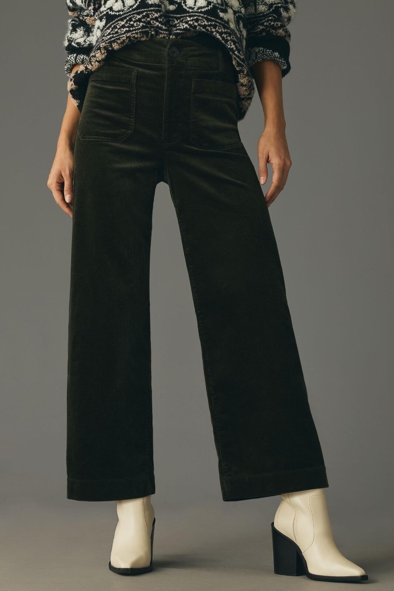 NWT Anthropologie Green The Colette Cropped Wide-Leg Corduroy