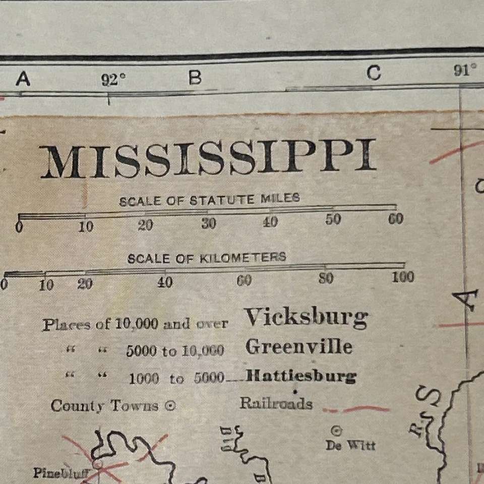 "Antiguo mapa de Mississippi 1918 con ferrocarriles 15""x11""" Foto 2 de 4