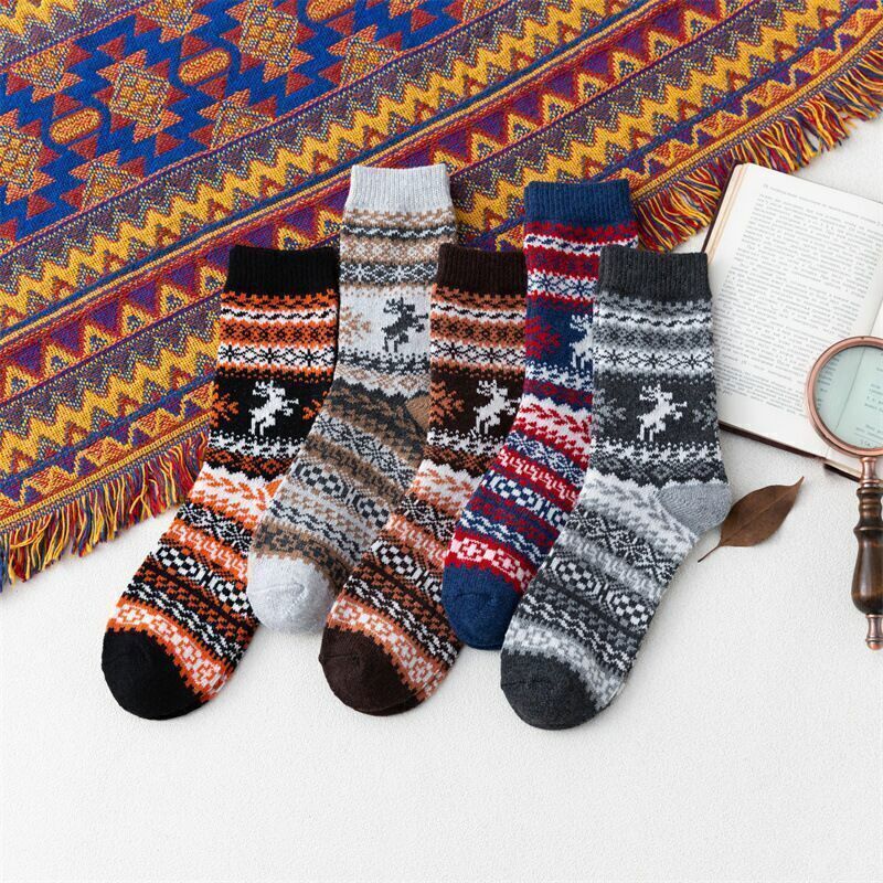 5 Pack Men's Socks Wool Cashmere Warm Socks Winter Thick Vintage Striped Socks