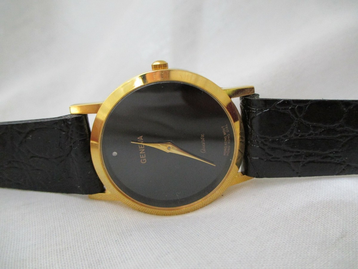 Geneva Black & Gold Watch, Textured Leather Buckle Band Geneva Black & Gold Watch, Textured Leather Buckle Band