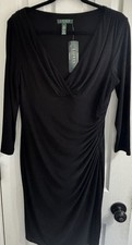 New Lauren Ralph Lauren Dress Body Contour Sz 14 Black Neck Ruched Tags Elegant