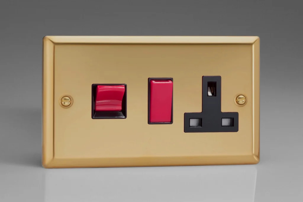 Switch Brass 45A Cooker + 13A Socket 2 Pole Classic Victorian Black/Red Insert