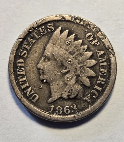 1863 Indian Head Cent 1c Penny, Very Good VG Details, Damaged - Exact Coin Shown