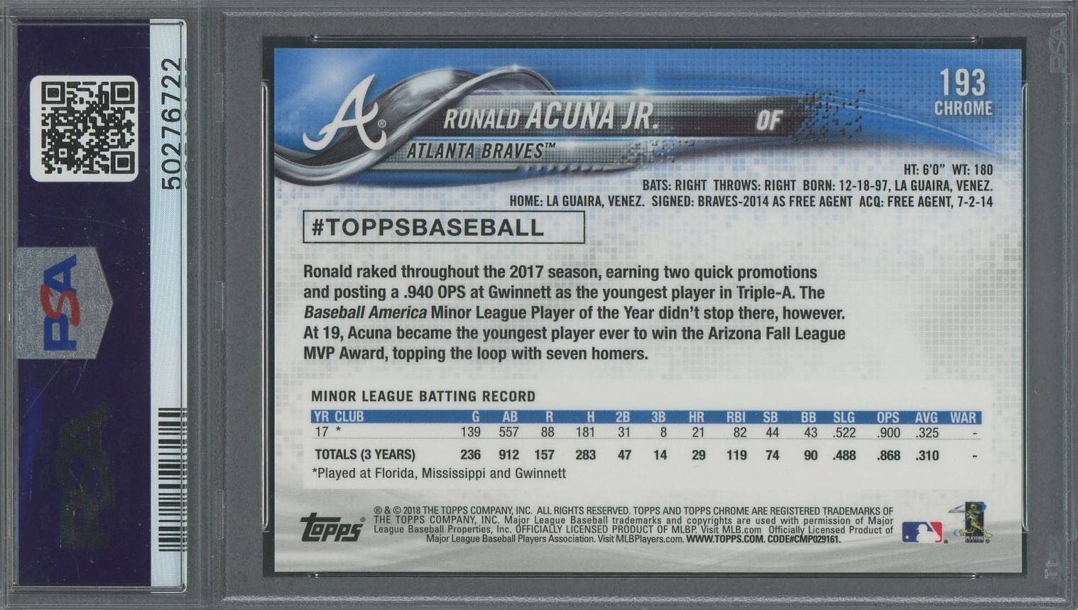Ronald Acuna Jr. 2018 Topps Chrome RC #193 "Negative Refractor" - PSA 9 - MINT view 2