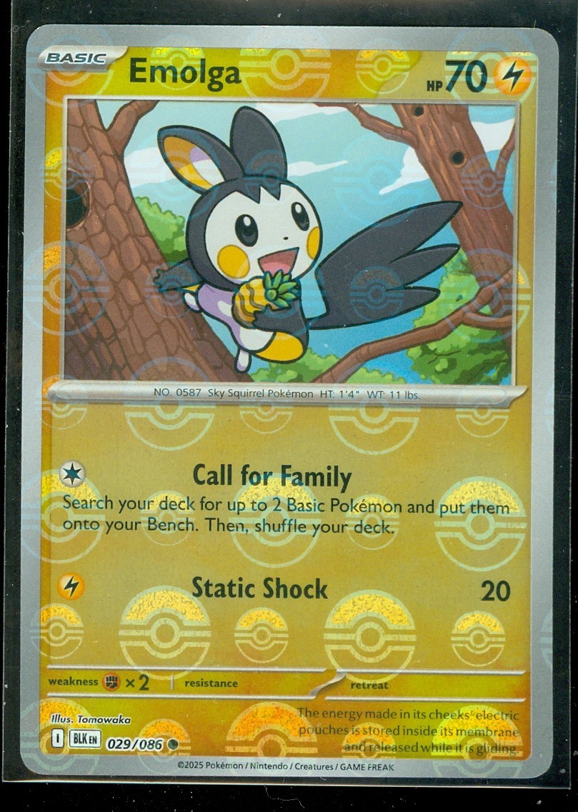 Pokemon EMOLGA 029/086 - Black Bolt - Poke Ball Pattern - MINT