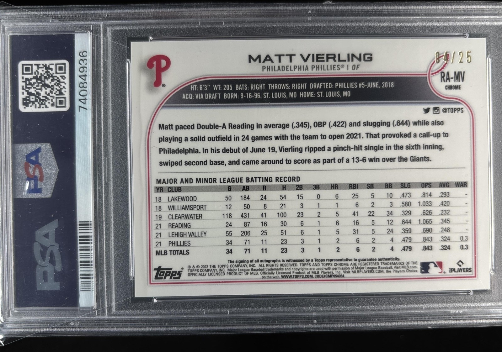 Matt Vierling 2022 Topps Chrome Rookie Auto RC /25 PSA 9 view 2