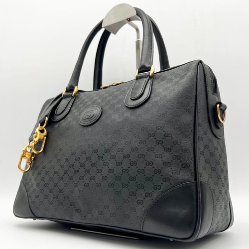GUCCI Micro GG Black 2Way Boston Handbag Shoulder Bag Vintage Auth