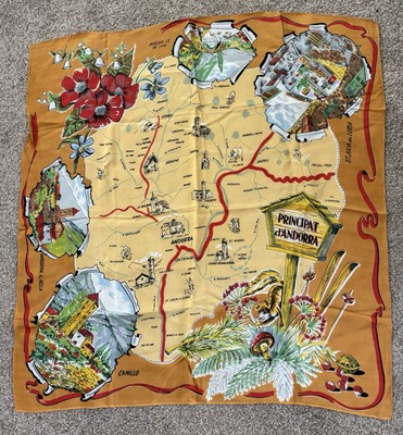 Vintage Principality of Andorra Map Silk Scarf  30  x 29 