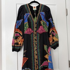 Farm Rio Black Cool Leopards Eng Maxi Dress Basic Sleeved M