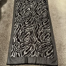 Scarf Wrap Silver Black Gray Leopard Metallic Fringe Lovely E2