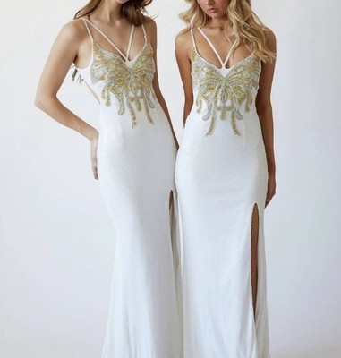 NWT white butterfly sequin small train halter dress wedding hostess dance dress