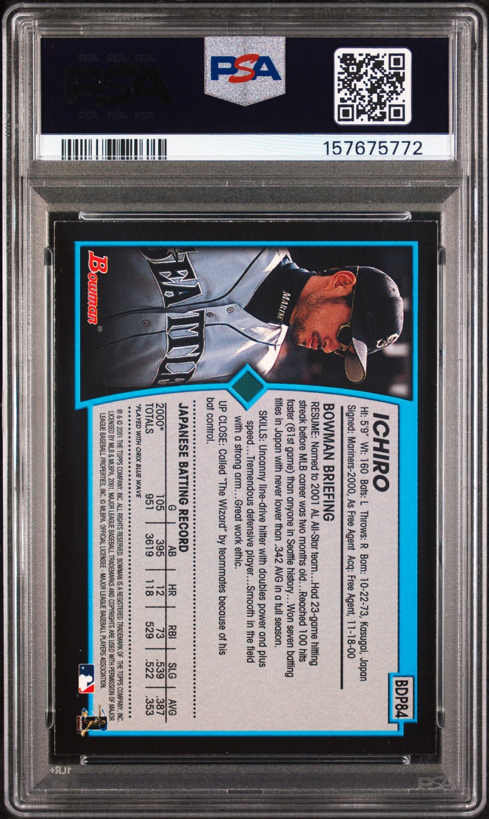 2001 BOWMAN DRAFT #84 ICHIRO SUZUKI ROOKIE RC PSA 7 view 2