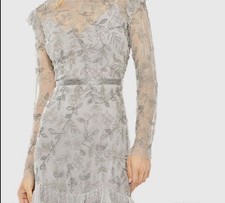 Silver Lace Long Sleeve Embellished Formal Dress
