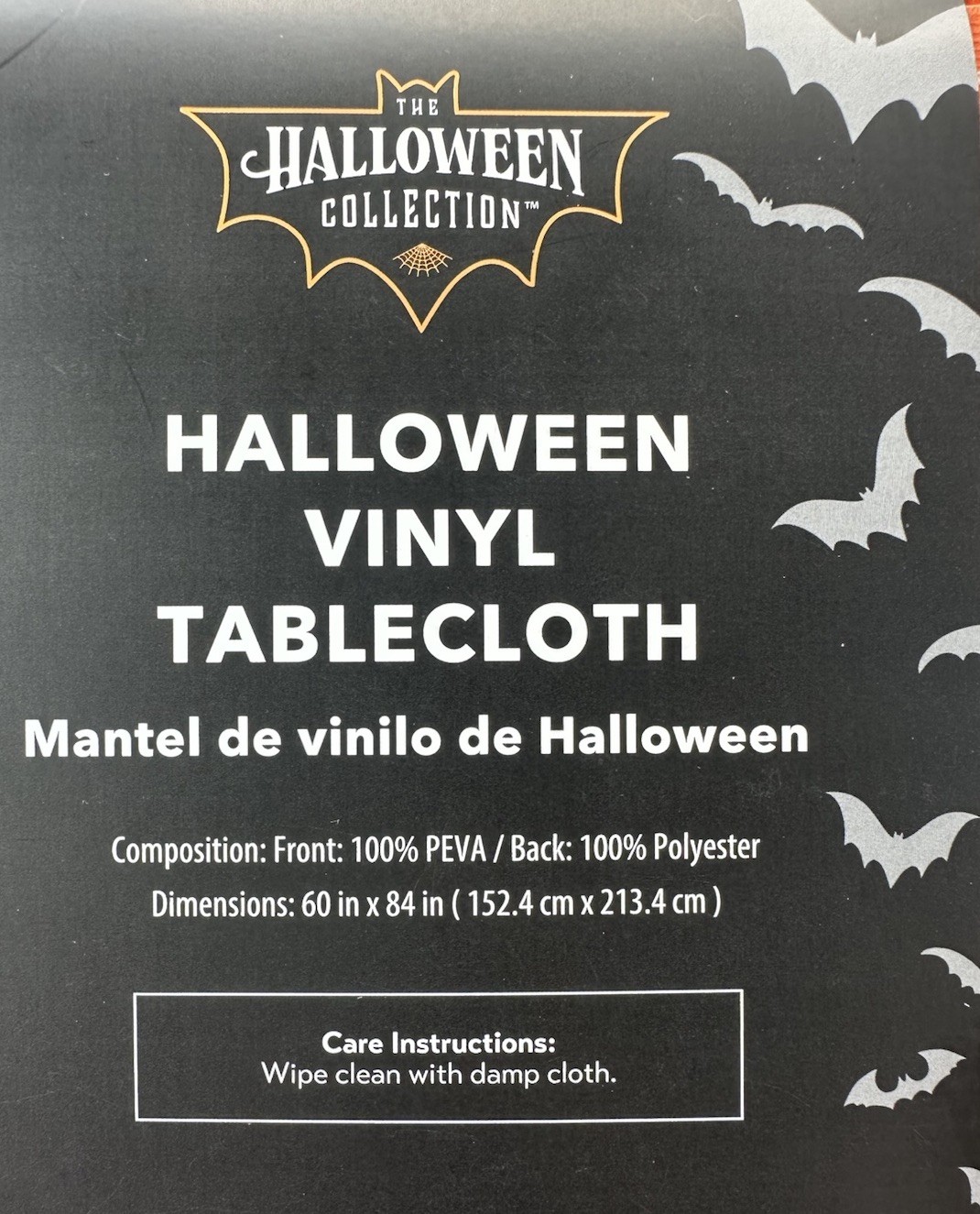 NEW Halloween Vinyl Tablecloth Oblong 60” x 84” 🐈‍⬛ Kitties Pumpkins 🎃 Spiders