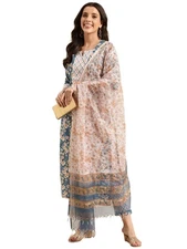 GoSriKi Women's Cotton Blend Straight Printed Kurta with Pant & Dupatta