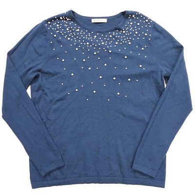 WoolOvers Pullover blau 100 % reine Wolle verstreut Perlen verziert Gr. L UK 14 16