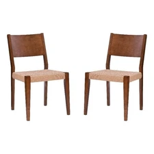 Linon Patty Set of 2 Dining Chairs Woven Seat Tapered Leg in Brown Finished Wood